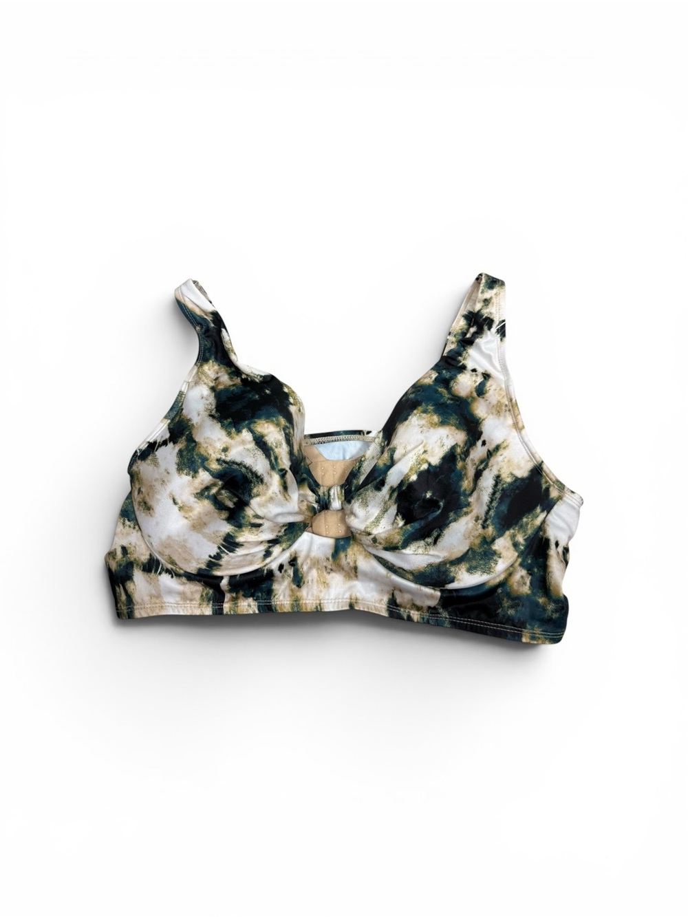 Cacique Swim top in Beige with Olive and Black Tie-Dye Accents size 38DD